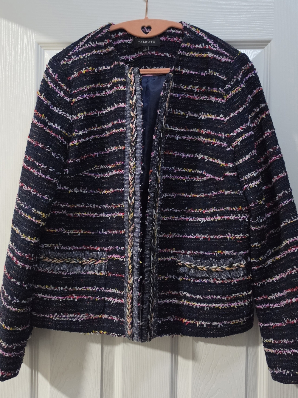 Talbots Navy Bouclé Open-Front Jacket with Multicolor Stripes